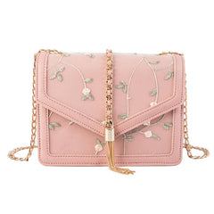 Pink Sweet Crossbody Bag Embroidered Chain Flap Leather