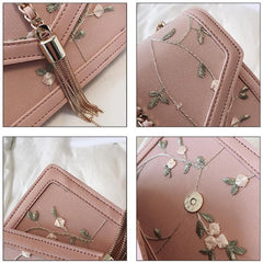 Pink Sweet Crossbody Bag Embroidered Chain Flap Leather