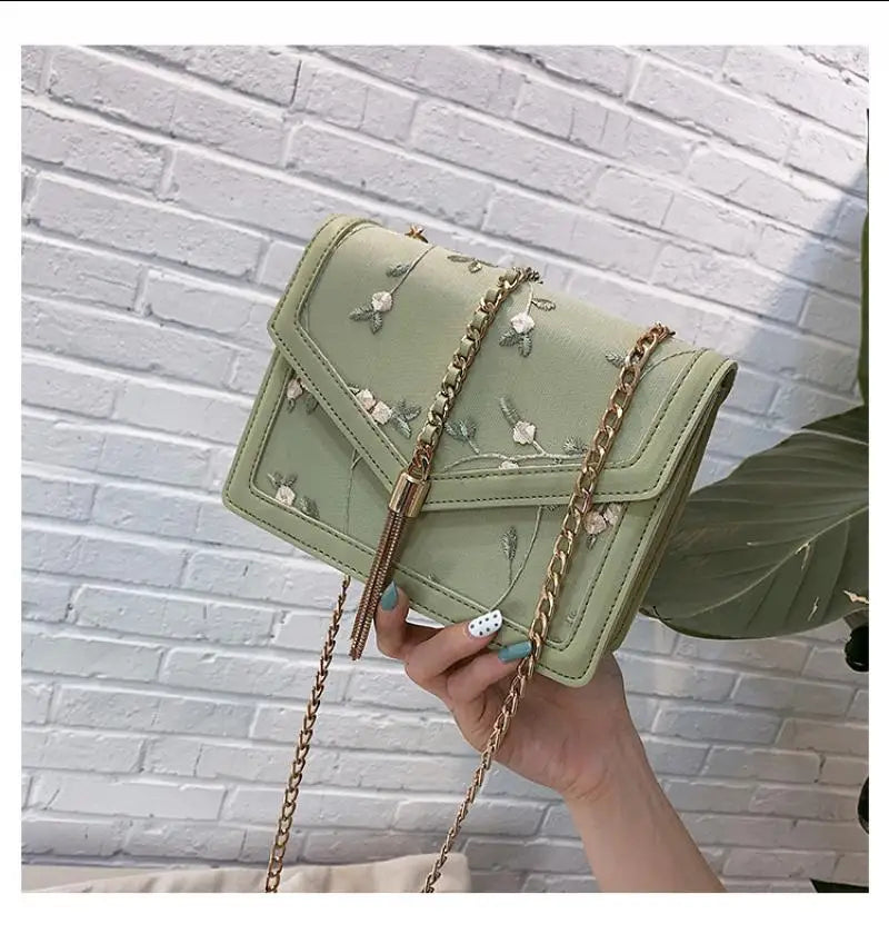 Pink Sweet Crossbody Bag Embroidered Chain Flap Leather