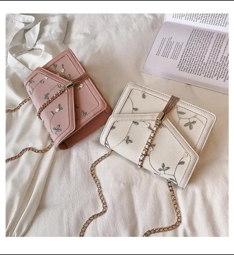 Pink Sweet Crossbody Bag Embroidered Chain Flap Leather
