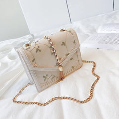 Pink Sweet Crossbody Bag Embroidered Chain Flap Leather