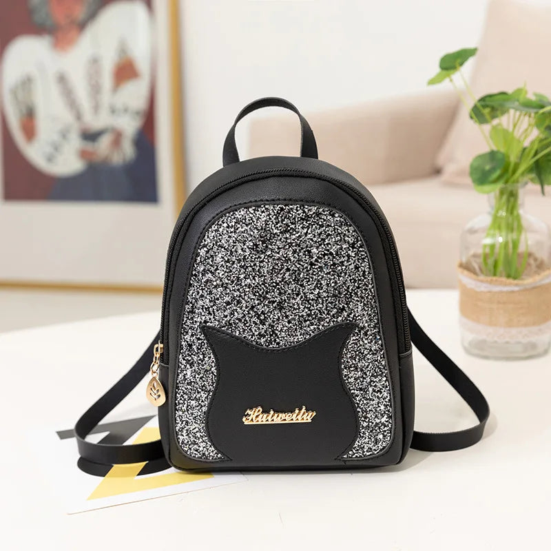 Pink Sequin Women's Small Backpack with Cat Decorative Messenger Single Shoulder