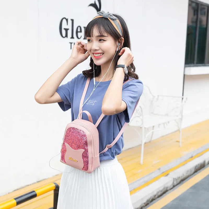Pink Sequin Women's Small Backpack with Cat Decorative Messenger Single Shoulder