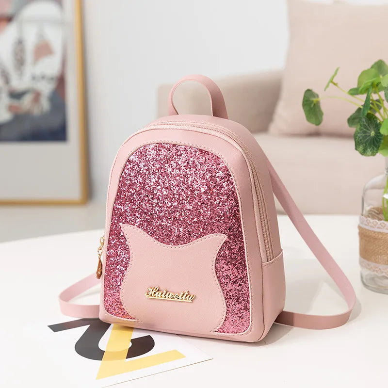 Pink Sequin Women's Small Backpack with Cat Decorative Messenger Single Shoulder
