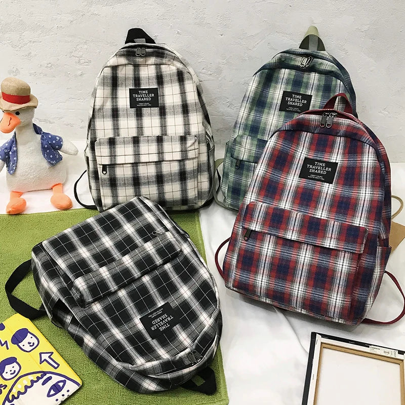 Plaid Canvas Women's Backpack Student Girl School Bags