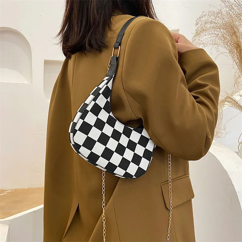 Stylish Plaid Canvas Women's Shoulder Bag