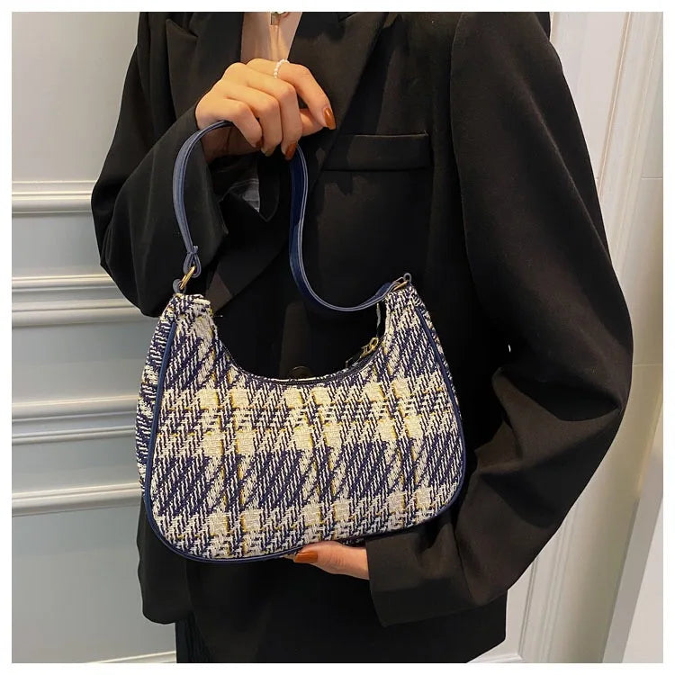 Plaid Canvas Women's Bag PU Leather Crescent Shoulder Bag