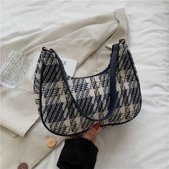 Plaid Canvas Women's Bag PU Leather Crescent Shoulder Bag