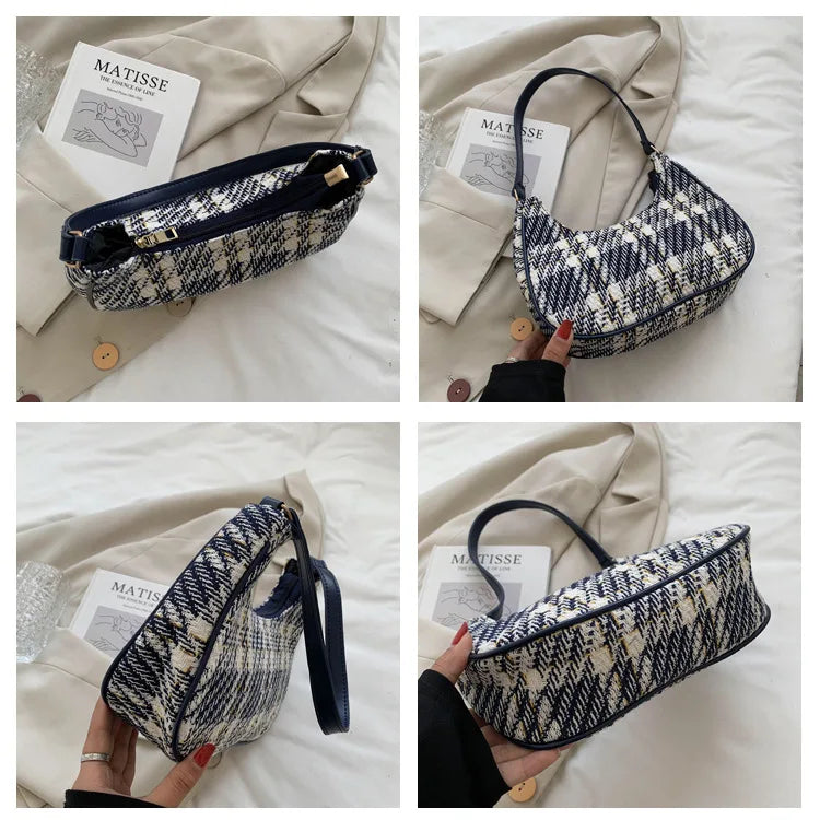 Plaid Canvas Women's Bag PU Leather Crescent Shoulder Bag