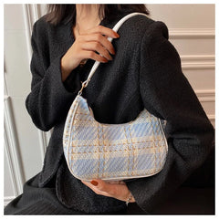 Plaid Canvas Women's Bag PU Leather Crescent Shoulder Bag