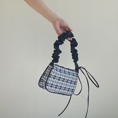 Plaid Fold Drawstring Handbag for Women Girls Small Shoulder Underarm Bag
