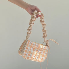 Plaid Fold Drawstring Handbag for Women Girls Small Shoulder Underarm Bag