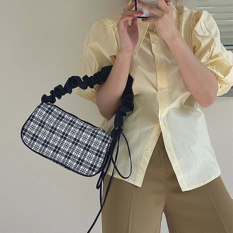 Plaid Fold Drawstring Handbag for Women Girls Small Shoulder Underarm Bag