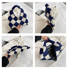 Vintage Plaid Knitted Small Tote Bag for Women