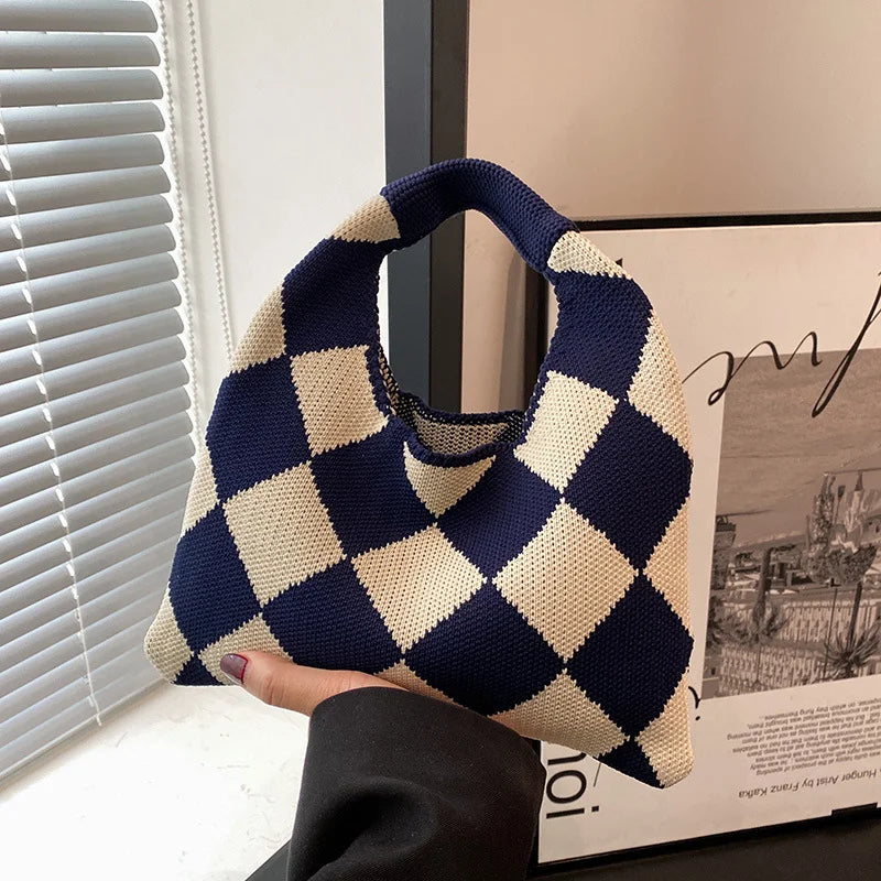 Vintage Plaid Knitted Small Tote Bag for Women