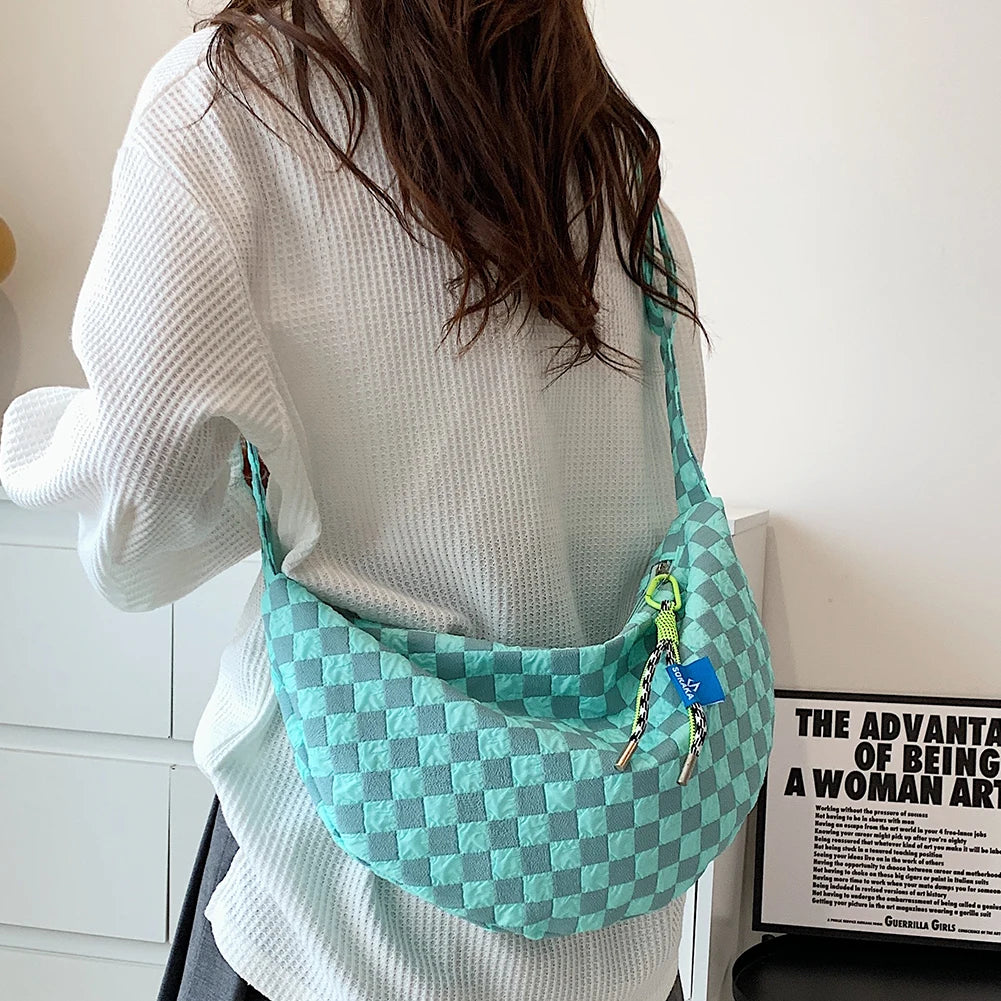 Plaid Half Moon Crescent Ladies Handbag Soft Lightweight Casual Portable Bag