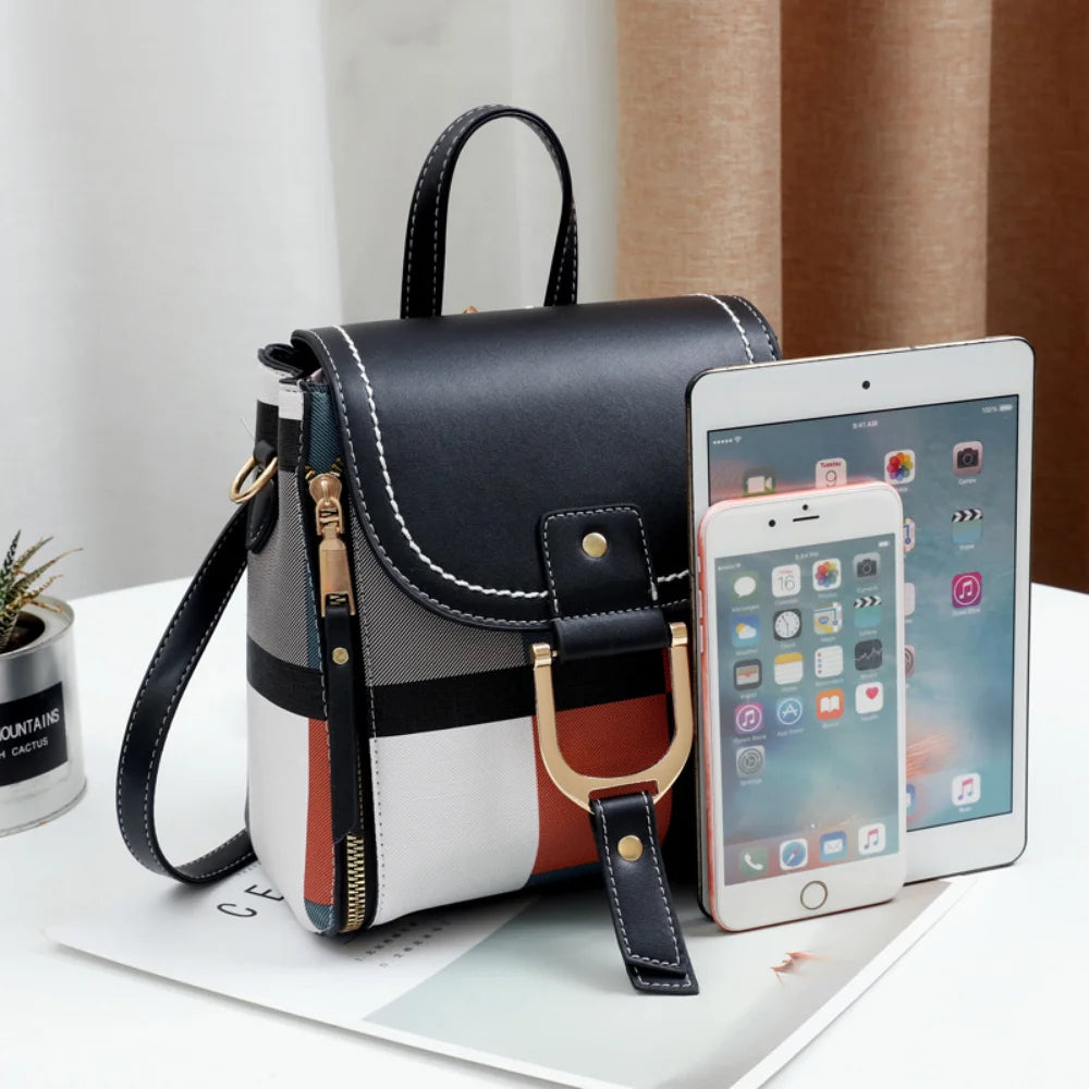 Plaid PU Leather Backpacks Women Convertible Backpack Crossbody Bag