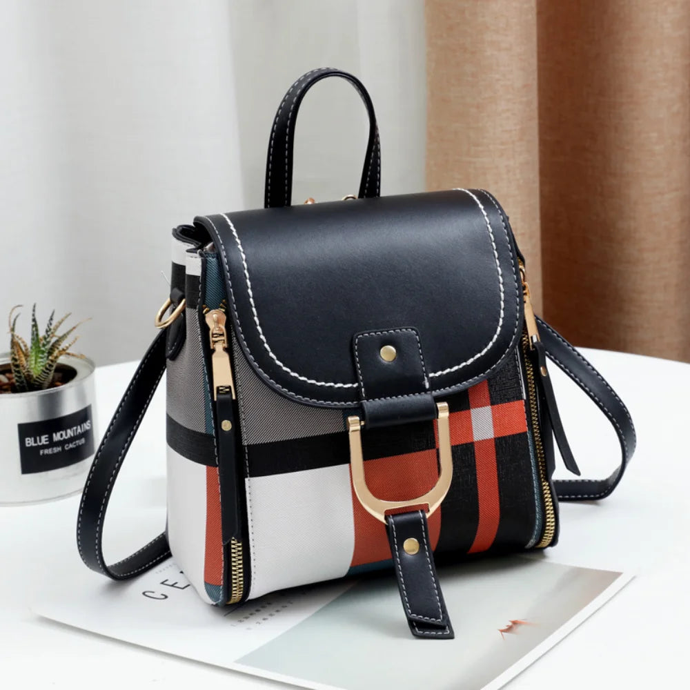 Plaid PU Leather Backpacks Women Convertible Backpack Crossbody Bag