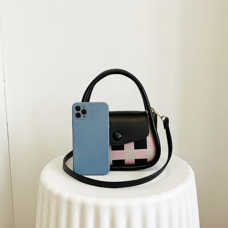 Mini PU Leather Cross-body Shoulder Bag Plaid Panelled All-match Saddle Bag