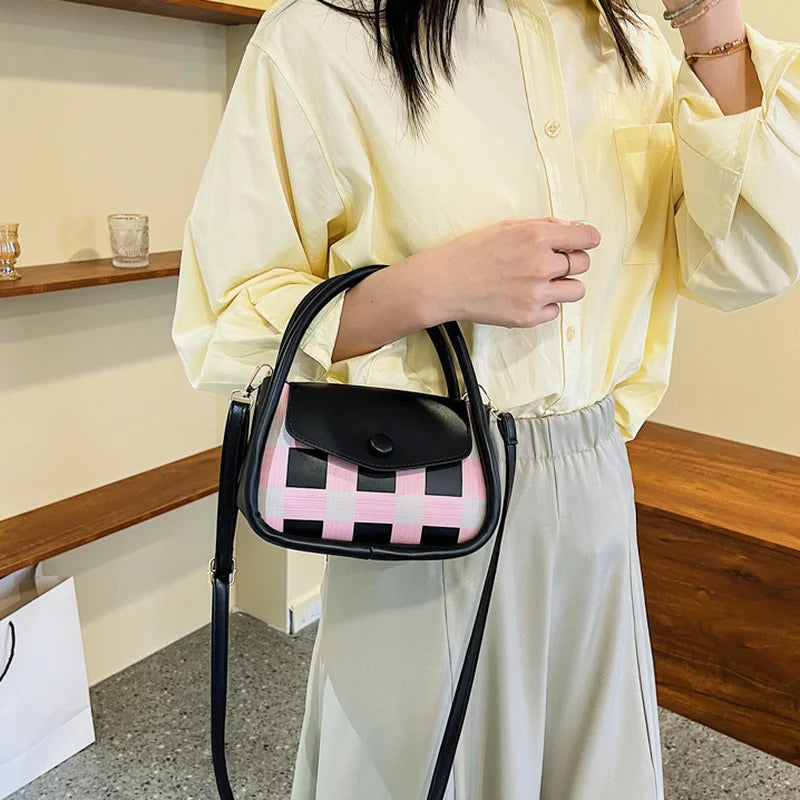 Mini PU Leather Cross-body Shoulder Bag Plaid Panelled All-match Saddle Bag