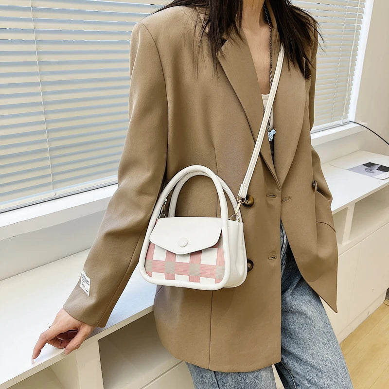 Mini PU Leather Cross-body Shoulder Bag Plaid Panelled All-match Saddle Bag