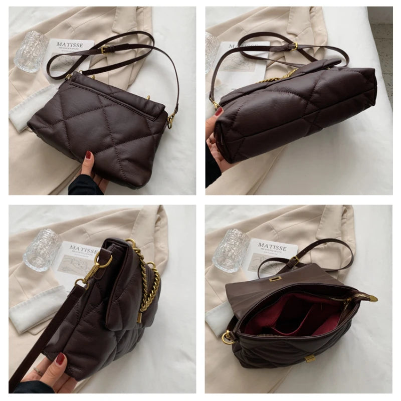 Women's Plaid Leather Flap Bag Chain Handle Crossbody Handbag