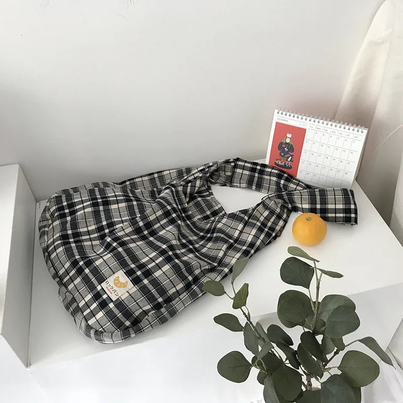 Plaid Women Shoulder Bag Soft Cloth Handbag Large Capacity Cotton Tote