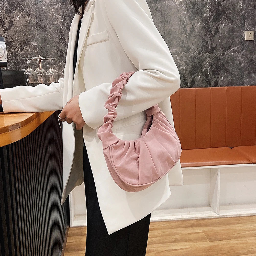 Pleated Dumpling Shoulder Bags Party Totes Autumn Solid Female Handbag