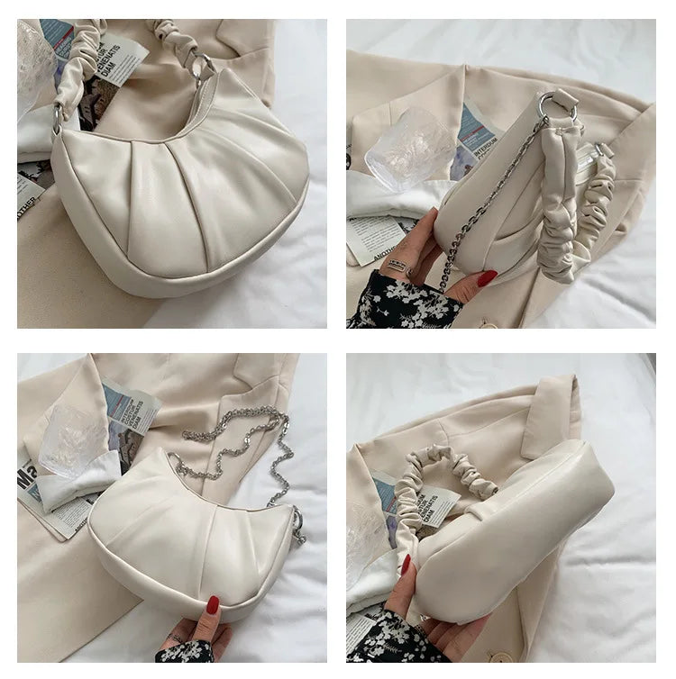 Pleated Handle Ladies Handbag Small Soft Pu Leather Shoulder Bag