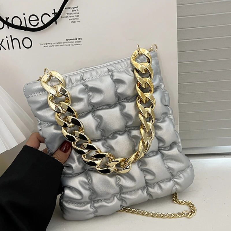 Plaid Chain Tote Bag Winter PU Leather Women's Handbag