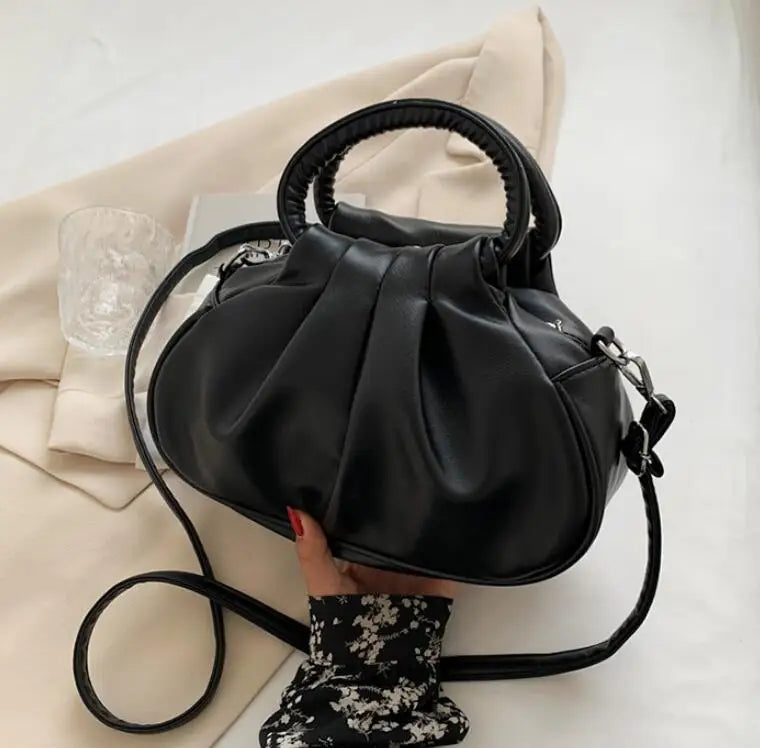 Pleated Tote Bag PU Leather Women's Handbag Solid Shoulder Messenger Purse
