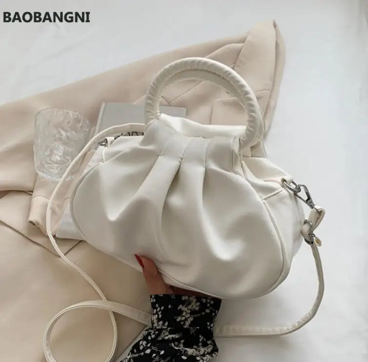 Pleated Tote Bag PU Leather Women's Handbag Solid Shoulder Messenger Purse