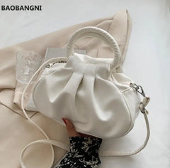 Pleated Tote Bag PU Leather Women's Handbag Solid Shoulder Messenger Purse