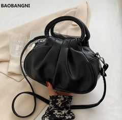 Pleated Tote Bag PU Leather Women's Handbag Solid Shoulder Messenger Purse