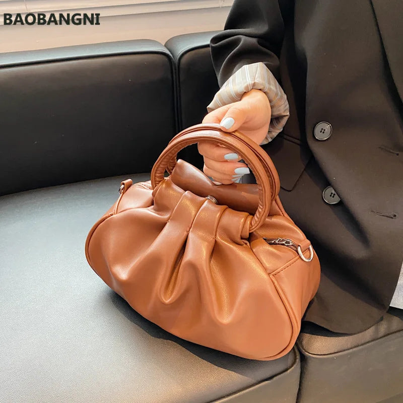 Pleated Tote Bag PU Leather Women's Handbag Solid Shoulder Messenger Purse
