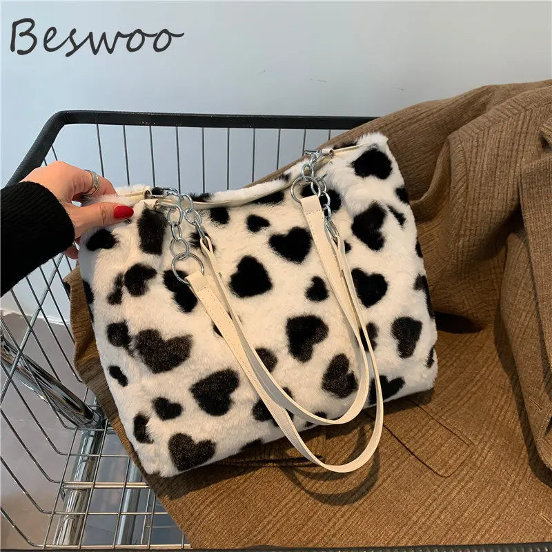 Fluffy Cow Print Tote Bag for Women