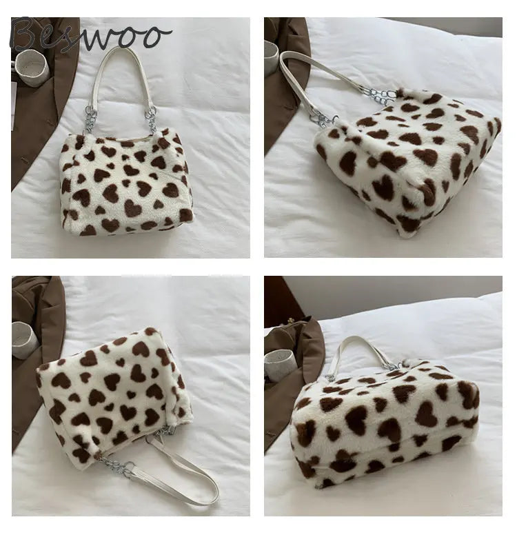 Fluffy Cow Print Tote Bag for Women