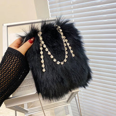 Winter Diamond Chain Shoulder Bag Plush Bucket Bag