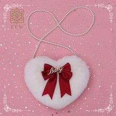 Heart Shape Plush Crossbody Bag with Pearl Chain for Women