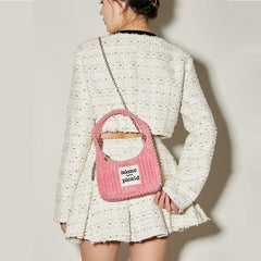 Women's Plush Crossbody Bag Solid Stripe Chain Mini Shoulder Bag