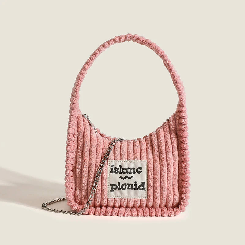 Women's Plush Crossbody Bag Solid Stripe Chain Mini Shoulder Bag