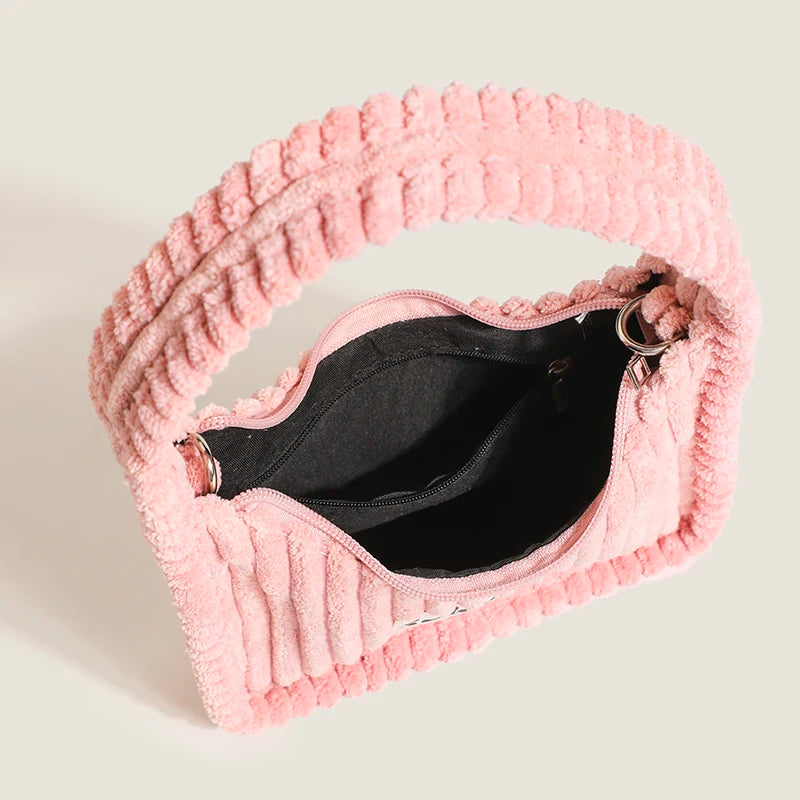 Women's Plush Crossbody Bag Solid Stripe Chain Mini Shoulder Bag
