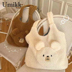 Soft Plush Underarm Bag Large Capacity Fluffy Shopping Bag Bear Pattern