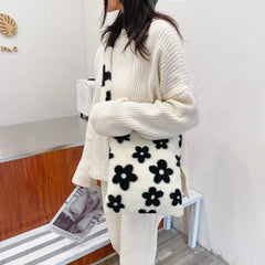 Flower Printed Shoulder Bag Tote 2021Autumn Soft Plush Fluffy Shopper Handbag