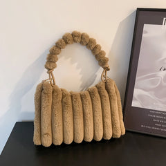 Soft Winter Solid Fluffy Women Tote Bag Zipper Shoulder Bag
