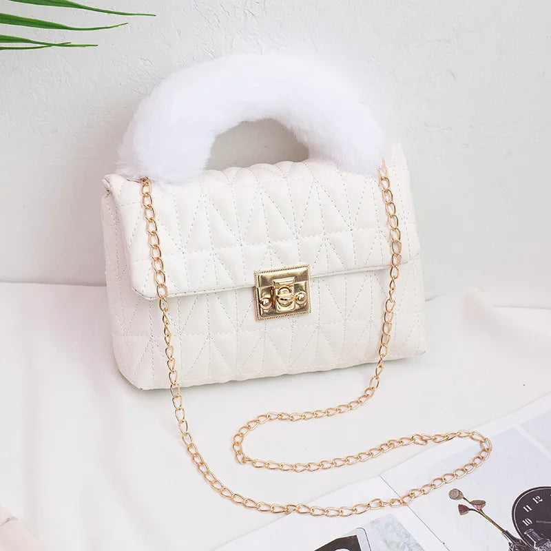 Plush Hand-held Small Square Bag Mini Shoulder Bag PU Ladies Handbag