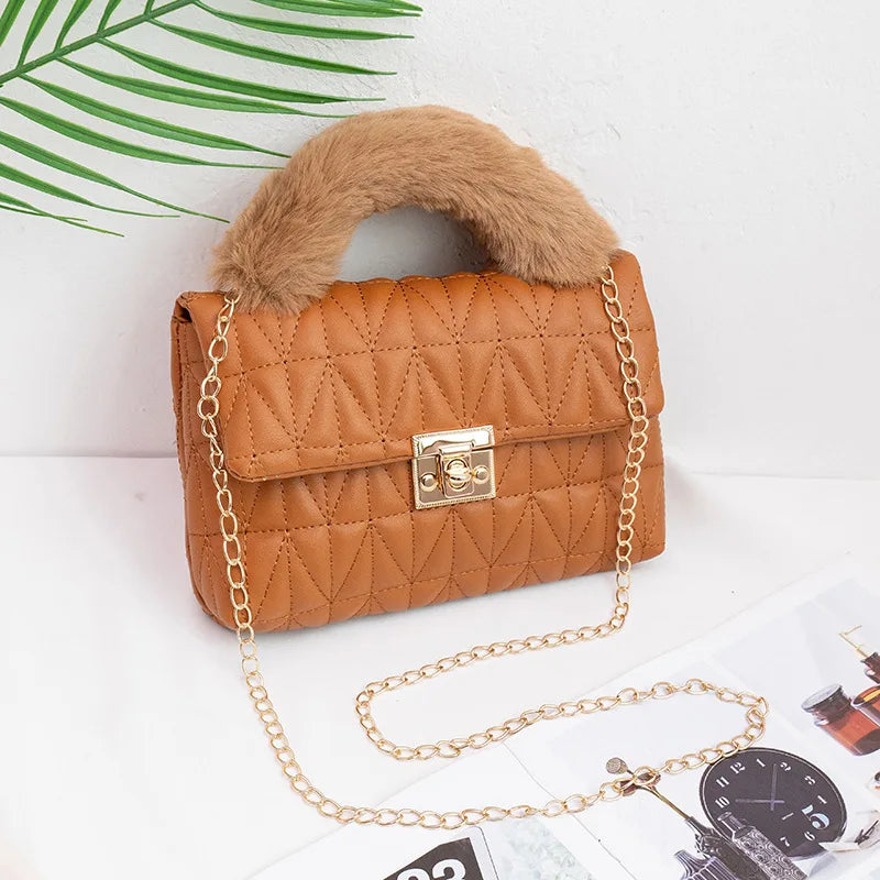 Plush Hand-held Small Square Bag Mini Shoulder Bag PU Ladies Handbag