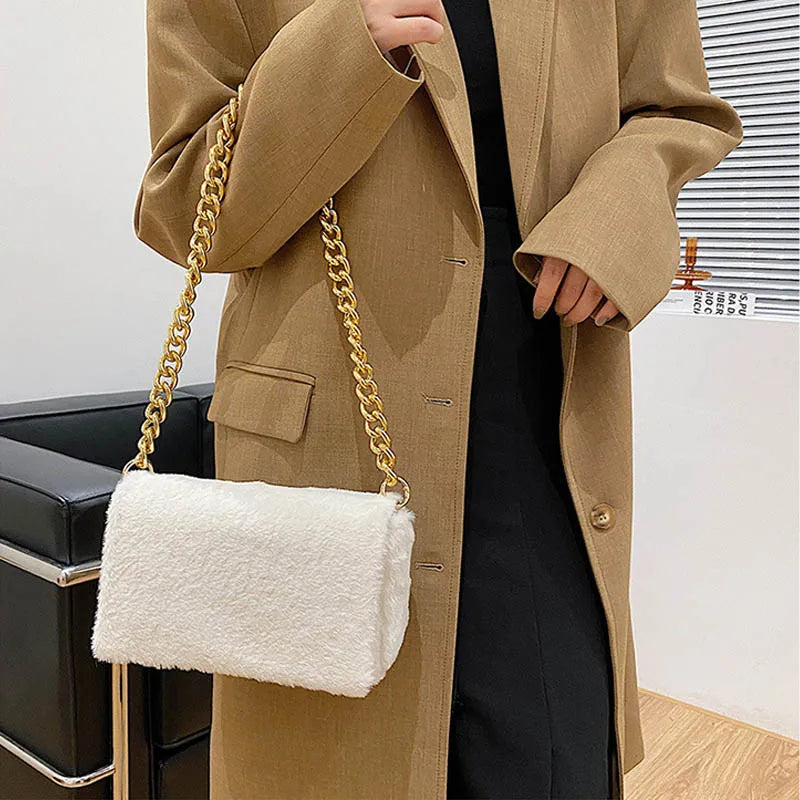 Plush Handbags Thick Chain Shoulder Bags for Women Clutche Bag