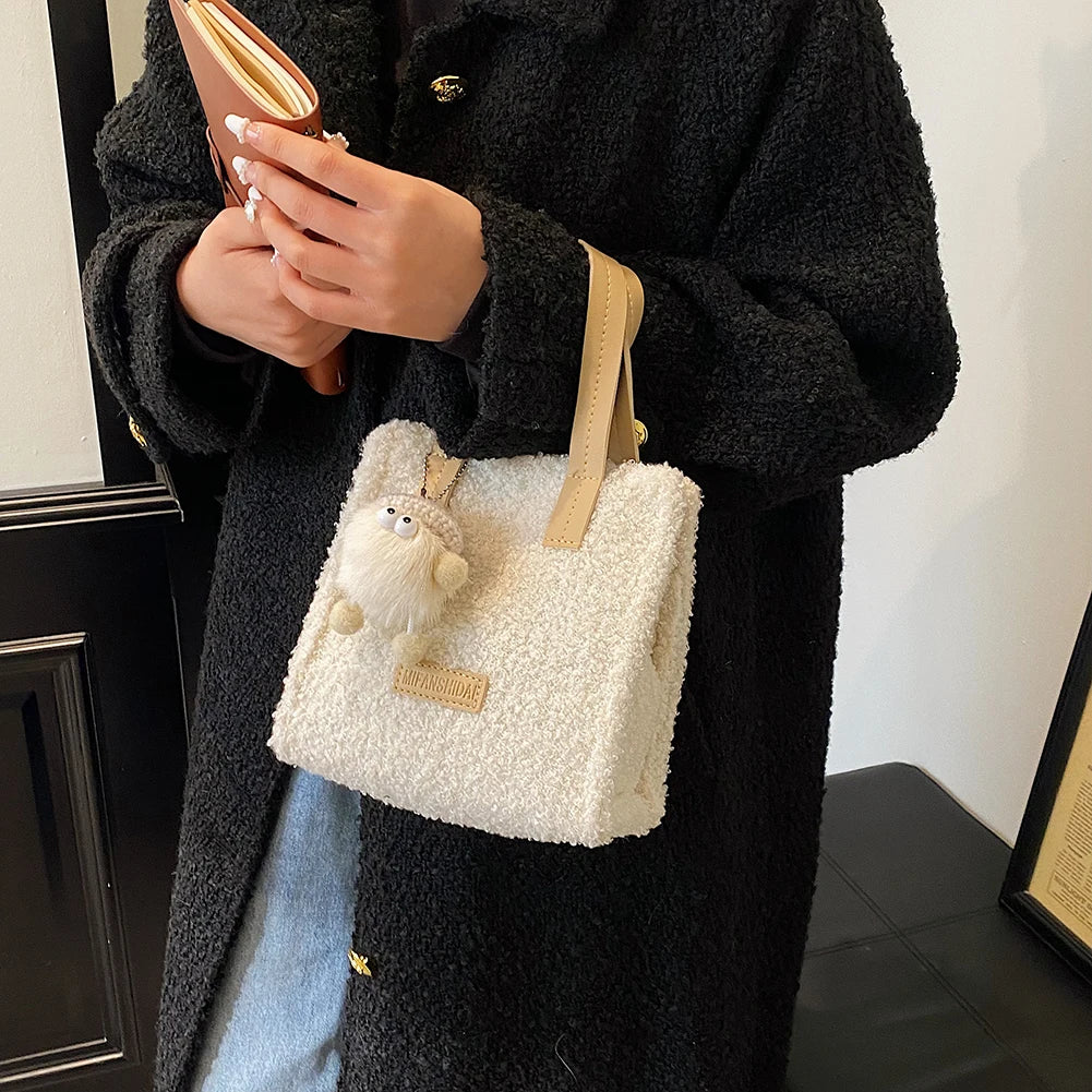 Plush Crossbody Bag with Pendant Soft Shoulder Bag