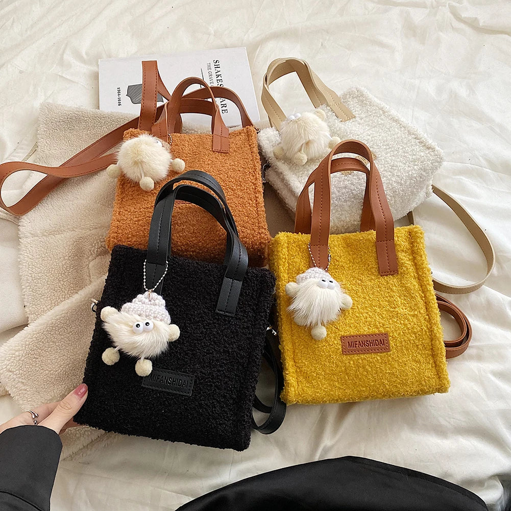 Plush Crossbody Bag with Pendant Soft Shoulder Bag